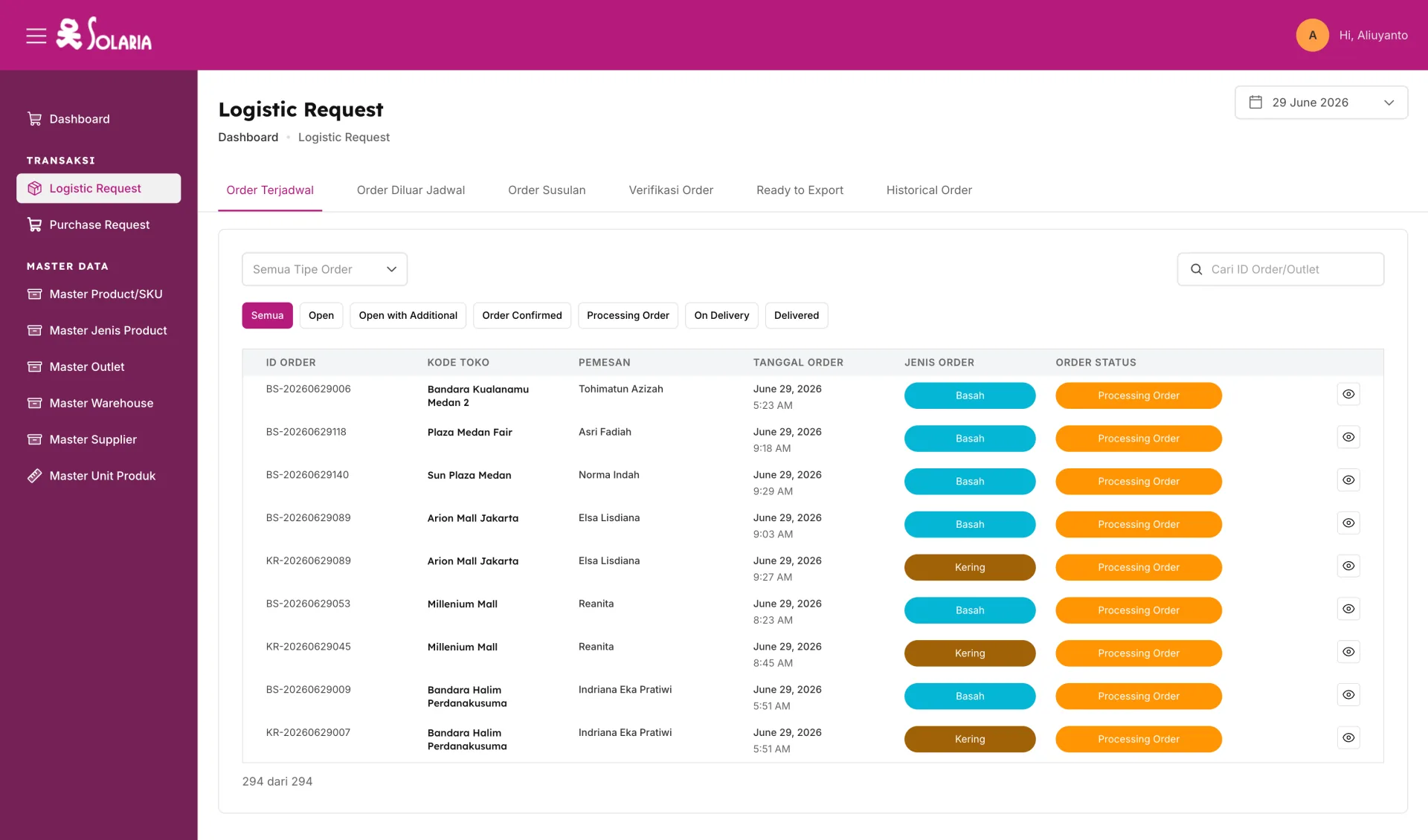 Solaria — Logistic Request · Scheduled Order