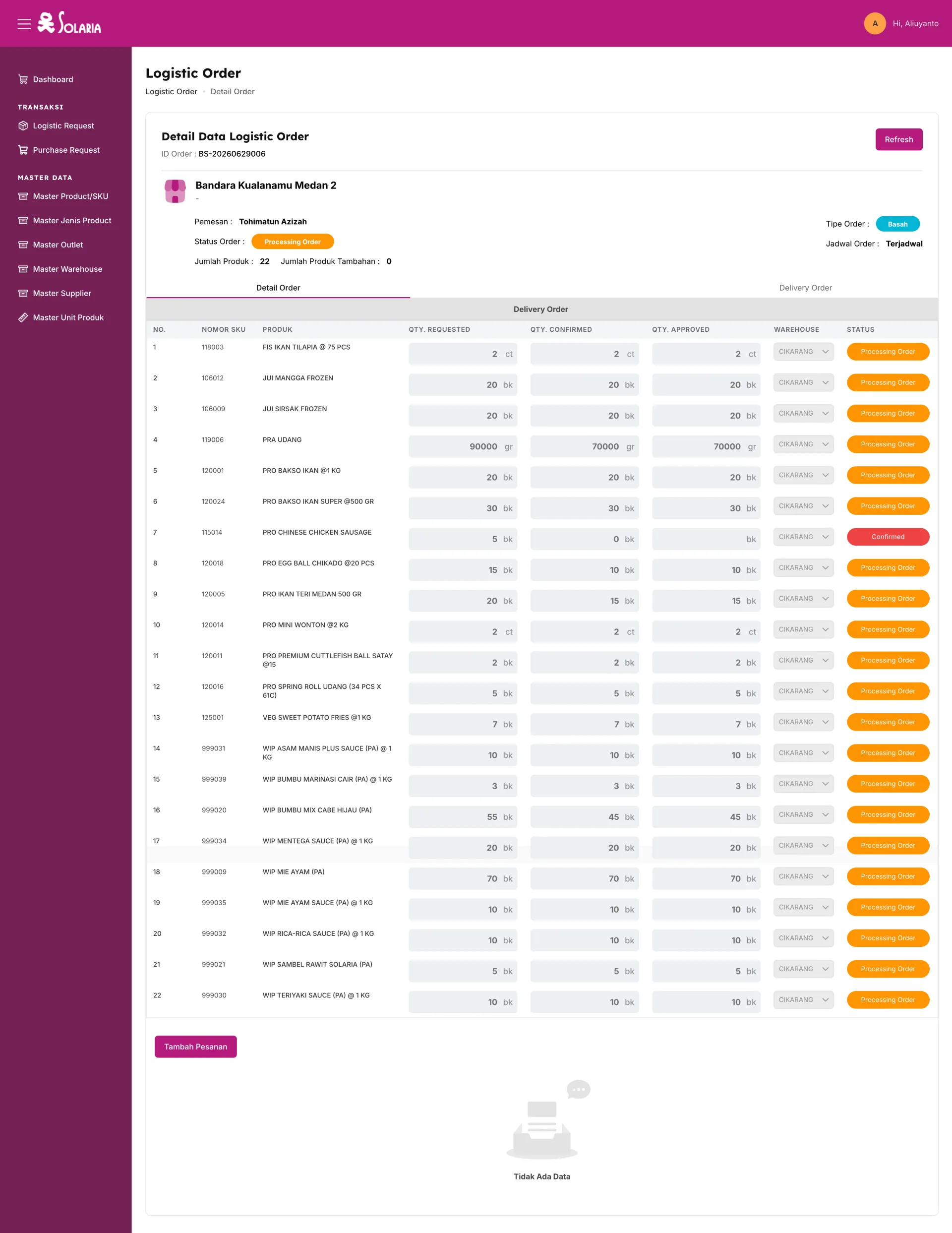 Solaria — Logistic Request Detail