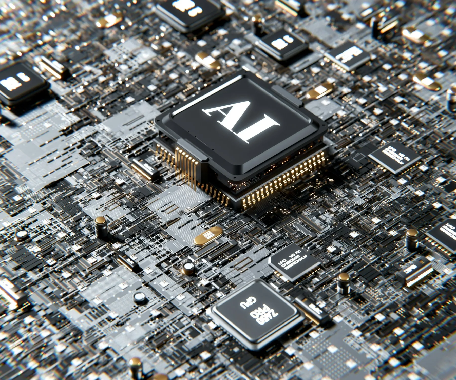 Rendered computer chip labelled AI — artificial intelligence tooling.